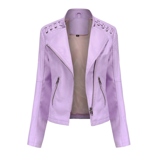 Women Short Leather Jacket Slim Jacket Motorcycle Suit, Size: XXXXL(Light Cherry Pink) - Jacket & Loose Coat by PMC Jewellery | Online Shopping South Africa | PMC Jewellery