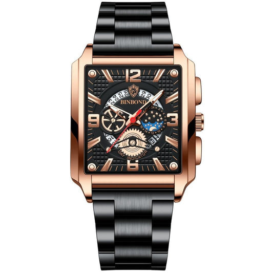 BINBOND B6575 Men Vintage Square Multifunctional Luminous Quartz Watch, Color: Black-Rose Gold-Black-Rose - Metal Strap Watches by BINBOND | Online Shopping South Africa | PMC Jewellery | Buy Now Pay Later Mobicred