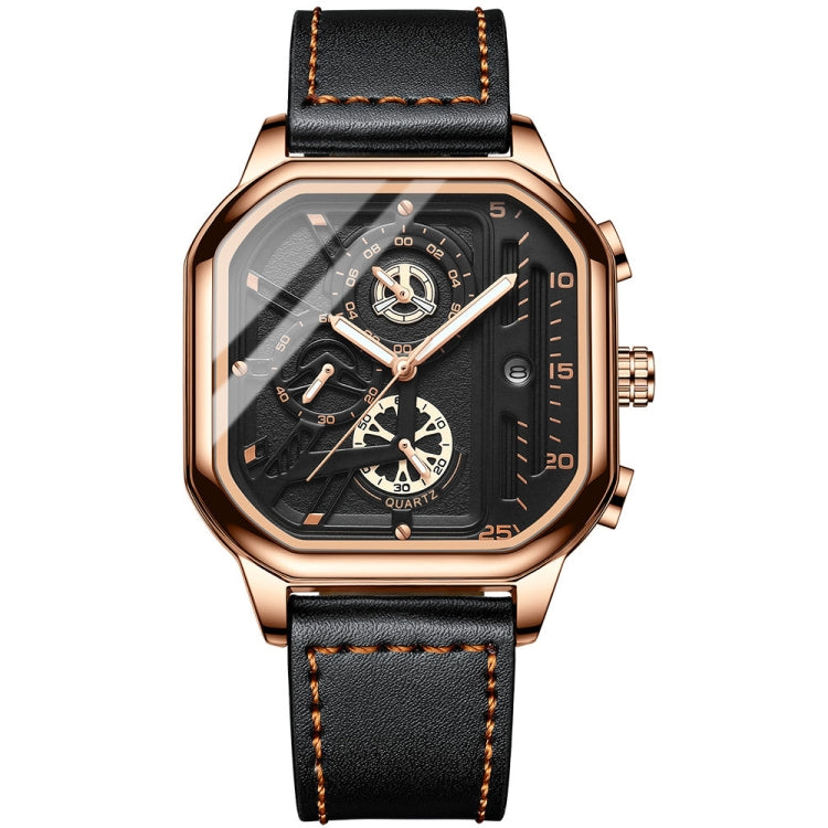 BINBOND B6577 30M Waterproof Luminous Square Quartz Watch, Color: Black Leather-Rose Gold - Leather Strap Watches by BINBOND | Online Shopping South Africa | PMC Jewellery | Buy Now Pay Later Mobicred