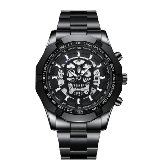 BINBOND S034 30M Waterproof Quartz Watch Skull Skeleton Luminous Watch(Black Steel Black White Nail) - Metal Strap Watches by BINBOND | Online Shopping South Africa | PMC Jewellery | Buy Now Pay Later Mobicred