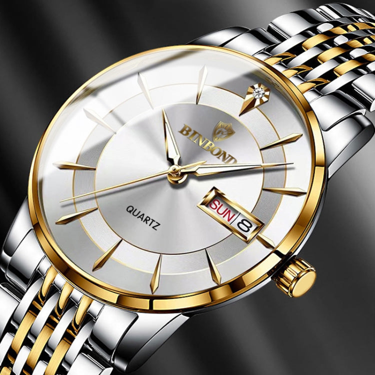 BINBOND B2077 30M Waterproof Quartz Luminous Watch Butterfly Buckle Men's Steel Belt Watch(Inter-gold-White) - Metal Strap Watches by BINBOND | Online Shopping South Africa | PMC Jewellery | Buy Now Pay Later Mobicred