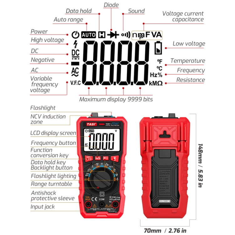 TASI TA801A Digital Multimeter Fully Automatic Multifunctional Digital Current Meter(Manual Model, Without Capacitor Measurement) - free shipping - PMC TechLife - Order now!