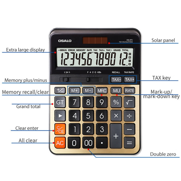 OSALO OS-3TV 12-digit LCD Screen Solar Dual Power Supply Desktop Calculator - free shipping - PMC TechLife - Order now!