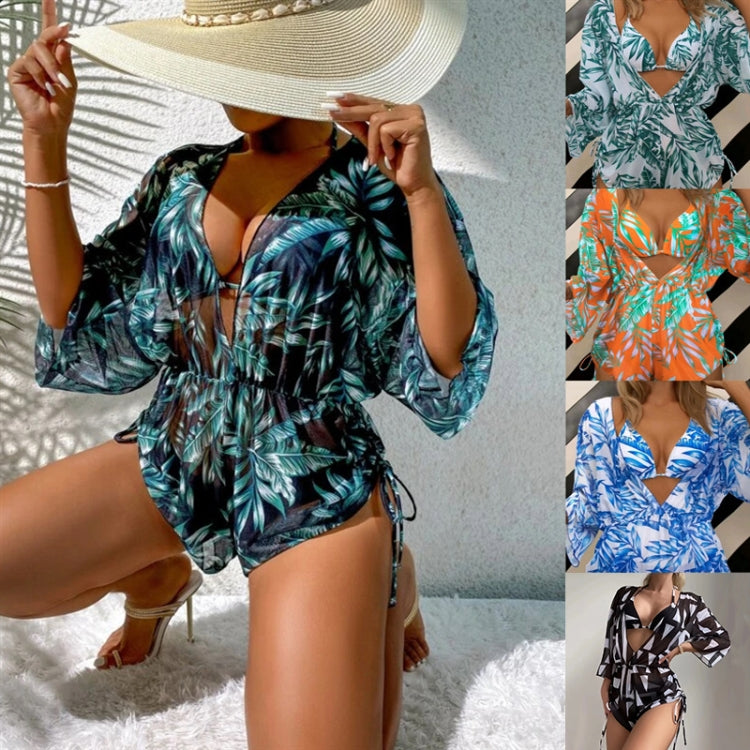 Leaf-print Waist Lace-up Three-Piece Bikini Set Long-sleeved Beach Sun Protection Swimsuit, Size: XL(Orange) - Swimwear by PMC Jewellery | Online Shopping South Africa | PMC Jewellery