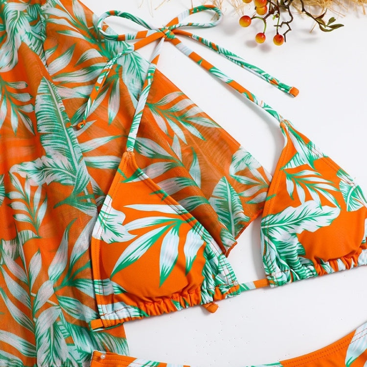 Leaf-print Waist Lace-up Three-Piece Bikini Set Long-sleeved Beach Sun Protection Swimsuit, Size: M(Light Leaf) - Swimwear by PMC Jewellery | Online Shopping South Africa | PMC Jewellery