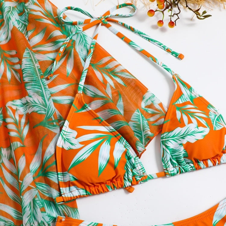 Leaf-print Waist Lace-up Three-Piece Bikini Set Long-sleeved Beach Sun Protection Swimsuit, Size: S(Orange) - Swimwear by PMC Jewellery | Online Shopping South Africa | PMC Jewellery