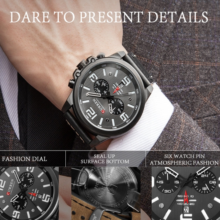 Curren 8314 Sports Six-Hand Waterproof Leather Strap Calendar Men Quartz Watch, Color: Black Shell Red - Leather Strap Watches by Curren | Online Shopping South Africa | PMC Jewellery | Buy Now Pay Later Mobicred