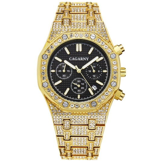 CAGARNY 6881 Diamond-studded Six-needles Guartz Dual Movement Watch Men Stainless Steel Strap Watch (Gold Shell Black Dial) - Metal Strap Watches by CAGARNY | Online Shopping South Africa | PMC Jewellery | Buy Now Pay Later Mobicred