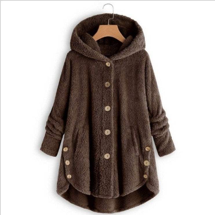 Button Plush Irregular Solid Color Coat (Color:Coffee Size:S) - Hoodie by PMC Jewellery | Online Shopping South Africa | PMC Jewellery