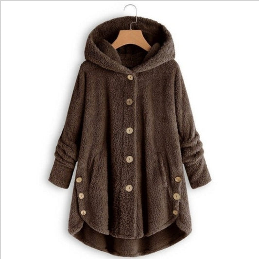 Button Plush Irregular Solid Color Coat (Color:Coffee Size:XXL) - Hoodie by PMC Jewellery | Online Shopping South Africa | PMC Jewellery
