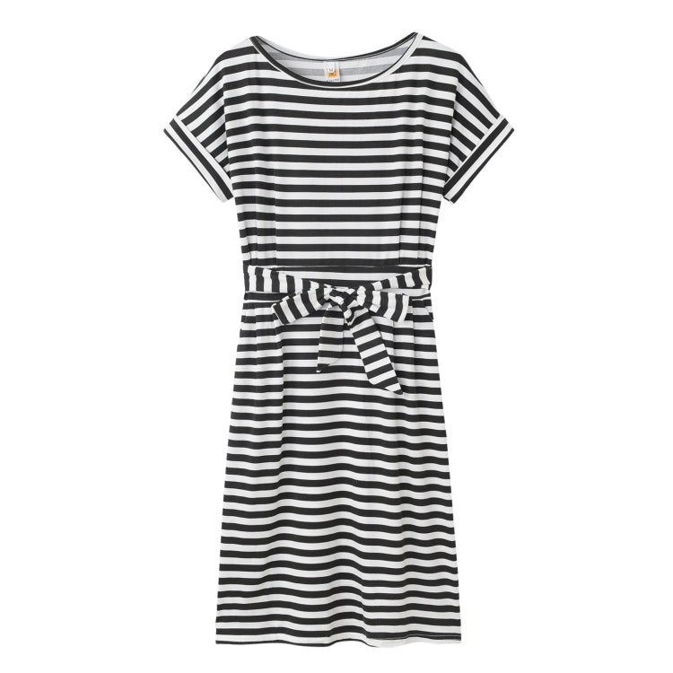 Slim-fit Waist Slimming Round Neck Striped Belt Dress (Color:Pinstripe Black Size:S) - Dress by PMC Jewellery | Online Shopping South Africa | PMC Jewellery